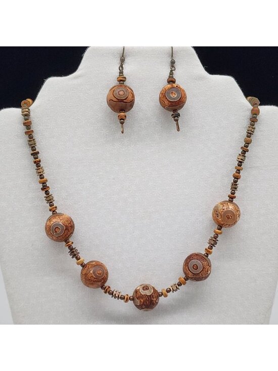 Paula Jean Brady Jewelry - Bohemian Dzi Agate Necklace & Earring Set With Unique Patterned Spheres